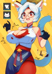 Rule 34 | 1girl, adapted costume, alternate breast size, alternate costume, angry, animal ears, black gloves, blush, bodystocking, breasts, cat ears, cleavage, cleavage cutout, clothing cutout, embarrassed, fang, glasses, gloves, highres, jar, large breasts, looking down, nintendo, open mouth, potion, purah, red eyes, stats, tail, the legend of zelda, the legend of zelda: tears of the kingdom, tiger1001, torn clothes, white hair, yellow background
