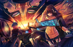 Rule 34 | 1boy, 1girl, aircraft, airplane, belt, blue eyes, blue hair, brown eyes, brown hair, cloud, cup, headset, highres, jacket, monitor, original, science fiction, short shorts, shorts, soraizumi, spiked hair, sunset, sweater, zuppon