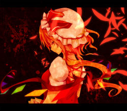 Rule 34 | 1girl, bad id, bad pixiv id, blonde hair, blood, female focus, flandre scarlet, from behind, hat, letterboxed, looking at viewer, looking back, rarami, red eyes, short hair, solo, embodiment of scarlet devil, touhou, upper body, wings