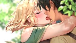 Rule 34 | 1boy, 1girl, arm around neck, black hair, blonde hair, blurry, blurry background, blush, breasts, cleavage, closed eyes, couple, dorei himekishi to dorei jijo to no slow life, eleanor (dorei himekishi to dorei jijo to no slow life), french kiss, game cg, garland (dorei himekishi to dorei jijo to no slow life), hetero, highres, kiss, masami chie, medium hair, official art, open mouth, short hair, tongue, tongue out, upper body