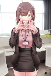 Rule 34 | 1girl, @ @, blush, breasts, brown hair, brown jacket, brown skirt, collared shirt, commentary request, curtains, fine fabric emphasis, green eyes, hands up, heart, heart hands, highres, indoors, jacket, large breasts, long hair, long sleeves, looking at viewer, miniskirt, office, office lady, ol-chan (oouso), oouso, open clothes, open jacket, original, pantyhose, pencil skirt, photo background, pink pantyhose, pink shirt, shadow, shiny clothes, shirt, sidelocks, skirt, solo, swept bangs, thighs, translation request, window