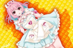 Rule 34 | 1girl, ahoge, aizawahiroshi, apron, aqua dress, aqua hair, armband, bob cut, breasts, choker, collarbone, colored inner hair, dress, fidgeting, frilled dress, frills, hair intakes, hat, heart, heart background, heart on chest, heart print, idolmaster, idolmaster cinderella girls, idolmaster cinderella girls starlight stage, index fingers together, large breasts, legs, looking at viewer, multicolored hair, nurse cap, open mouth, pinafore dress, pink armband, pink choker, pink eyes, pink hair, short sleeves, signature, sleeveless, sleeveless dress, smile, solo, sparkle print, two-tone hair, white apron, white hat, white wrist cuffs, wrist cuffs, yellow background, yumemi riamu, zipper pull tab