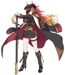 Rule 34 | 1girl, armor, boots, breasts, closed mouth, full armor, full body, highres, holding, holding weapon, horns, large breasts, long hair, looking at viewer, red hair, simple background, solo, standing, weapon, white background, yagi (ningen)