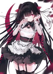 Rule 34 | 1girl, absurdres, armband, bandaid, bandaid on hand, black hair, black thighhighs, blunt bangs, blush, breasts, collar, cowboy shot, crying, detached collar, dress, eyepatch, frilled armband, frilled collar, frilled dress, frills, garter belt, hair between eyes, hair intakes, hair ribbon, highres, long hair, looking at viewer, medium breasts, multicolored clothes, multicolored dress, multicolored hair, nanananana, original, pink eyes, pink hair, pink ribbon, pleated skirt, ribbon, simple background, skirt, solo, standing, tears, teeth, thighhighs, thighs, twintails, very long hair, white background