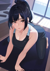 1girl absurdres all_fours bare_arms bare_shoulders blue_hair blue_pants blue_shirt blush breasts brown_eyes cleavage closed_mouth collarbone commentary_request highres indoors kagematsuri large_breasts long_hair looking_at_viewer original pants ponytail shirt sleeveless smile solo