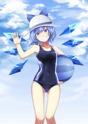 Rule 34 | 1girl, absurdres, ball, beachball, blue bow, blue eyes, blue hair, blush, bow, cirno, hair bow, hat, highres, holding, holding ball, ice, ice wings, looking at viewer, mulu, one-piece swimsuit, parted lips, school swimsuit, smile, solo, swimsuit, teeth, touhou, white hat, wings