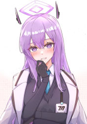 Rule 34 | 1girl, absurdres, black gloves, black jacket, blue archive, blue necktie, blush, crossed arms, formal, gloves, halo, hand on own chin, highres, id card, jacket, jacket on shoulders, long hair, long sleeves, looking at viewer, muteppona hito, necktie, office lady, open mouth, purple eyes, purple hair, shirt, smile, solo, suit, upper body, utaha (blue archive), white background, white jacket, white shirt