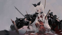Rule 34 | 1girl, absurdres, amputee, black bow, black collar, blood, blood from mouth, blood on clothes, blood on face, bow, collar, disembowelment, dress, entrails, expressionless, grey background, guro, hair bow, highres, impaled, injury, li xueyao, missing eye, organs, original, rope, short hair, sitting, solo, white dress, white eyes, white hair