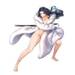 Rule 34 | 1girl, barefoot, blue eyes, blue hair, breasts, cleavage, coat, convenient censoring, dark blue hair, feet, floating clothes, full body, fur coat, game cg, highres, holding, holding sword, holding weapon, invincible dragon (last origin), kakiman, katana, large breasts, last origin, looking at viewer, naked coat, official art, simple background, solo, sword, tachi-e, transparent background, weapon