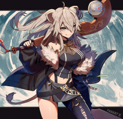 Rule 34 | 1girl, animal ears, black nails, closed mouth, commentary request, fingernails, fur-trimmed jacket, fur trim, grey eyes, grey hair, hair between eyes, highres, holding, holding weapon, hololive, jacket, kuroi susumu, letter, lion ears, lion girl, lion tail, long hair, looking at viewer, nail polish, navel, shishiro botan, shishiro botan (1st costume), single leg pantyhose, smile, solo, standing, tail, virtual youtuber, weapon