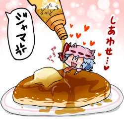 Rule 34 | 1girl, :3, anger vein, animal ears, bad id, bad pixiv id, bat ears, blue hair, blush, bow, butter, chibi, food, hat, hat bow, heart, licking, maple syrup, melting, mini person, minigirl, mob cap, noai nioshi, pancake, patch, plate, pouring, puffy short sleeves, puffy sleeves, remilia scarlet, short hair, short sleeves, solo, spoken anger vein, syrup, tongue, tongue out, touhou, translated, | |