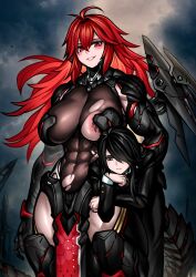 1girl abs absurdres ahoge areola_slip arm_at_side armored_bodysuit black_hair bodysuit breasts carrying carrying_person character_request commission goddess_of_victory:_nikke grey_eyes grin hair_over_one_eye highres huge_breasts long_hair mechanical_tail mechanical_wings muscular muscular_female nihilister_(nikke) pelvic_curtain red_eyes red_hair size_difference skeb_commission smile standing tail torn_bodysuit torn_clothes wind wind_lift wings yotaro