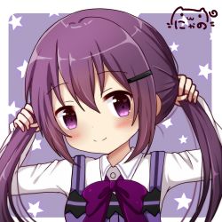 Rule 34 | 1girl, arms up, blush, bow, breasts, bunching hair, closed mouth, collared shirt, commentary request, dress shirt, gochuumon wa usagi desu ka?, hair between eyes, hair ornament, hairclip, heart, heart in eye, highres, holding, holding own hair, long hair, long sleeves, looking at viewer, nyano21, purple bow, purple eyes, purple hair, purple vest, rabbit house uniform, shirt, sidelocks, signature, small breasts, smile, solo, star (symbol), symbol in eye, tedeza rize, twintails, uniform, vest, white shirt