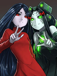 Rule 34 | 2girls, alma (f.e.a.r.), android, black dress, black hair, black sleeves, blue hair, bow, colored sclera, colored skin, crossover, detached sleeves, dress, expressionless, f.e.a.r., glowing, glowing eyes, green eyes, green sclera, green skin, hair bow, long dress, long hair, looking at viewer, multiple girls, neon trim, pale skin, parted hair, personification, red bow, red dress, red eyes, robot ears, s.h.o.d.a.n., smile, substance20, system shock, turtleneck, turtleneck dress, v, very long hair