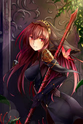 Rule 34 | 1girl, absurdres, ass, bodysuit, breasts, fate/grand order, fate (series), gae bolg (fate), highres, holding, holding weapon, jeffrey10, large breasts, long hair, purple hair, red eyes, scathach (fate), scathach (fate), smile, solo, veil, weapon