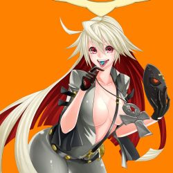 Rule 34 | 1girl, ahoge, ankh, arc system works, belt, bodysuit, breasts, candy, center opening, collarbone, spiked halo, cross, cross necklace, female focus, food, gloves, guilty gear, guilty gear xrd, guilty gear xrd: revelator, halo, highres, jack-o&#039; valentine, jewelry, large breasts, leaning forward, lollipop, long hair, looking at viewer, mask, unworn mask, multicolored hair, necklace, onji, open mouth, orange background, platinum blonde hair, red eyes, red hair, shiny clothes, shiny skin, simple background, smile, solo, tongue, tongue out, two-tone hair, very long hair, white hair