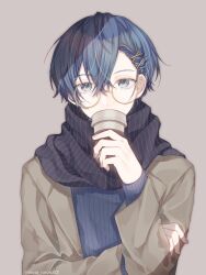 Rule 34 | 1boy, alternate hair color, bangs pinned back, bespectacled, black scarf, blue eyes, blue hair, blue sweater, brown jacket, colon (stpri), commentary, covered mouth, cup, disposable cup, double-parted bangs, drink, glasses, grey hair, hair behind ear, hair between eyes, hair ornament, hairclip, hand on own arm, holding, holding cup, holding drink, jacket, lapels, layered sleeves, long sleeves, looking at viewer, male focus, naruna (star), open clothes, open jacket, pinstripe scarf, ribbed sweater, round eyewear, scarf, short hair, simple background, solo, strawberry prince, striped clothes, striped scarf, sweater, upper body, vertical-striped clothes, vertical-striped scarf, winter clothes, x hair ornament, yellow-framed eyewear