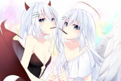 Rule 34 | 2girls, angel, angel and devil, angel wings, black dress, black wings, blue eyes, breasts, cleavage, commentary request, date a live, demon girl, demon horns, demon wings, dress, dual persona, feathered wings, food, food in mouth, grey hair, hair between eyes, hair ornament, hairclip, halo, horns, index finger raised, long hair, medium breasts, mo (pixiv9929995), mouth hold, multiple girls, pocky, signature, small breasts, strapless, strapless dress, tobiichi origami, very long hair, white dress, white wings, wings