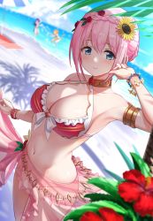 Rule 34 | 1girl, 3girls, armlet, armpits, bare shoulders, beach, bead bracelet, beads, bikini, blue eyes, blue sky, blurry, blurry background, blush, bracelet, braid, breasts, cleavage, closed mouth, collarbone, crown braid, day, flower, french braid, hair flower, hair ornament, hair up, halterneck, highres, hiyori (princess connect!), jewelry, large breasts, looking at viewer, multiple girls, neck ring, pink hair, princess connect!, red bikini, rei (princess connect!), sarong, shore, short hair, sky, smile, solo focus, sunflower, swimsuit, tamakaga, thighs, yui (princess connect!), yui (summer) (princess connect!)