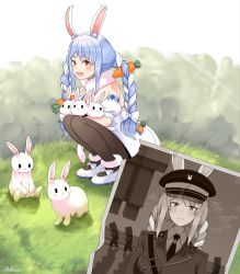 Rule 34 | 1girl, absurdres, animal ear fluff, animal ears, blue hair, carrot hair ornament, derivative work, field, food-themed hair ornament, galimara, germany oneesan (meme), hair ornament, hanged, hanging, hat, highres, hololive, looking at viewer, meme, military, military hat, military uniform, minecraft, pantyhose, photo (object), pov, rabbit, rabbit ears, rabbit girl, red eyes, sideways glance, slave, smile, squatting, uniform, usada pekora, usada pekora (1st costume), villager (minecraft), virtual youtuber