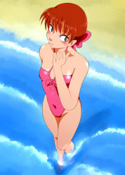 Rule 34 | 1girl, aged up, brown eyes, gegege no kitarou, nekomusume, one-piece swimsuit, pink one-piece swimsuit, red hair, shichou (cityou), solo, swimsuit, toei animation, wading, water