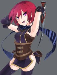 Rule 34 | 1girl, armpits, arms behind head, arms up, black thighhighs, breasts, dagger, gloves, knife, korigitsune, long hair, looking at viewer, nel zelpher, open mouth, purple eyes, red hair, scarf, short hair, sideboob, smile, solo, star ocean, star ocean till the end of time, thighhighs, weapon