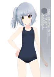Rule 34 | 1girl, artist name, black one-piece swimsuit, brown eyes, character name, commentary request, cowboy shot, eyes visible through hair, flat chest, grey hair, hand on own hip, highres, inaba shiki, kantai collection, kasumi (kancolle), long hair, looking at viewer, new school swimsuit, one-hour drawing challenge, one-piece swimsuit, school swimsuit, side ponytail, simple background, solo, standing, swimsuit, white background