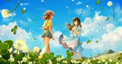 Rule 34 | 2girls, blue dress, blue eyes, blue shorts, blue sky, brown eyes, brown hair, character request, closed mouth, cloud, clover, commentary request, copyright request, day, dress, field, floating hair, flower, flower field, flower wreath, four-leaf clover, hair between eyes, hair bun, head wreath, head wreath removed, holding, long hair, mountain, multiple girls, outdoors, pleated dress, saihate (d3), shirt, short shorts, short sleeves, shorts, sky, standing, suspender shorts, suspenders, vocaloid, white flower, yellow shirt