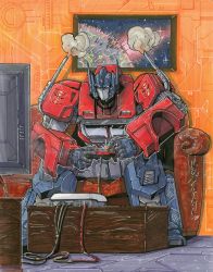Rule 34 | 1boy, alex milne, autobot, blue eyes, commentary, commission, controller, couch, english commentary, game controller, highres, holding, holding controller, holding game controller, insignia, mecha, no humans, optimus prime, playing games, robot, sitting, smoke, solo, the transformers (idw), traditional media, transformers
