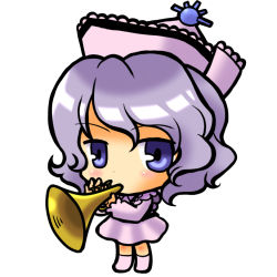 Rule 34 | 1girl, blue eyes, chibi, female focus, hat, instrument, merlin prismriver, silver hair, simple background, socha, solo, touhou, trumpet
