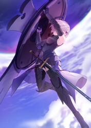 Rule 34 | 1girl, absurdres, armor, armored leotard, black armor, blue sky, cloud, commentary request, fate/grand order, fate (series), floating hair, hair over one eye, highres, ho shi, holding, holding shield, holding weapon, light purple hair, looking away, mash kyrielight, one eye covered, purple eyes, sheath, sheathed, shield, short hair, sky, solo, sword, weapon