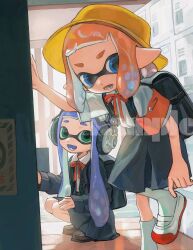 2girls armband backpack bag black_bag blue_cardigan blue_eyes blue_skirt brown_shoes cardigan collared_shirt colored_tongue commentary_request fang full_body green_eyes hat headphones high-waist_skirt highres inkling inkling_girl inkling_player_character long_hair long_sleeves lower_teeth_only medium_hair miko_(15476997) multiple_girls neck_ribbon nintendo open_cardigan open_clothes open_mouth orange_hair pointy_ears purple_hair purple_tongue randoseru red_armband red_ribbon ribbon sample_watermark school_hat school_uniform shirt shirt_tucked_in shoes short_sleeves skirt socks splatoon_(series) squatting teeth tentacle_hair twintails uwabaki v-shaped_eyebrows watermark white_shirt white_shoes white_socks yellow_hat