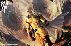 Rule 34 | 3boys, abs, bald, bodysuit, cape, ceasar ian muyuela, clenched hand, crater, crossover, dragon ball, dust, epic, frown, gloves, glowing, glowing eyes, kneeling, looking at viewer, male focus, manly, multiple boys, muscular, one-punch man, realistic, red eyes, red gloves, rock, saitama (one-punch man), son goku, vegeta, wizyakuza