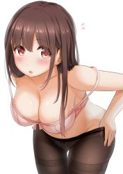 Rule 34 | 1girl, :o, ^^^, armpits, bare shoulders, black pantyhose, blush, bra, breasts, brown hair, cleavage, collarbone, commentary request, cowboy shot, highres, idolmaster, idolmaster shiny colors, kibihimi, large breasts, leaning forward, long hair, looking at viewer, open mouth, panties, panties under pantyhose, pantyhose, pink bra, red eyes, simple background, solo, sonoda chiyoko, strap slip, thigh gap, thighband pantyhose, underwear, undressing, white background, white panties