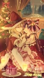 Rule 34 | 2girls, absurdres, adapted costume, alcohol, blonde hair, bow, brown hair, cake, champagne, christmas tree, food, fruit, hair bow, hakurei reimu, hat, highres, jacket, kirisame marisa, looking at another, merry christmas, mito (fate), multiple girls, red bow, red eyes, red headwear, red jacket, santa costume, santa hat, star (symbol), strawberry, strawberry cake, touhou, yuri