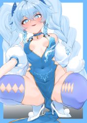 Rule 34 | 1girl, blue choker, blue eyes, blue hair, blue thighhighs, blush, breasts, china dress, chinese clothes, choker, covered erect nipples, covered navel, dress, girls&#039; frontline, gloves, half gloves, heart, heart-shaped pupils, high heels, highres, long hair, looking at viewer, medium breasts, meshiya, no panties, official alternate costume, open mouth, pa-15 (alluring larkspur) (girls&#039; frontline), pa-15 (girls&#039; frontline), pelvic curtain, quad braids, shiny skin, skindentation, smile, solo, spread legs, squatting, symbol-shaped pupils, thighhighs