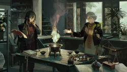 Rule 34 | 2boys, absurdres, black hair, book, book stack, braid, fire, grey hair, hair between eyes, hand on own chin, highres, indoors, jacket, long hair, mouth hold, multiple boys, noasa, open book, original, paper, pestle, plant, potted plant, scenery, short hair, stairs, standing, table, weighing scale, window