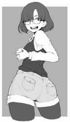 Rule 34 | 1girl, ass, black hair, bob cut, breasts, cellphone, eyebrows, glasses, grey background, greyscale, hair over one eye, ina (gokihoihoi), looking at viewer, monochrome, open mouth, original, pantyhose, phone, selfie, short hair, short shorts, shorts, smartphone, smile, solo, thighs
