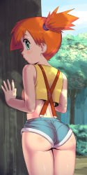 Rule 34 | 1girl, against tree, alternate color, apostle, ass, back, bare shoulders, blue sky, blush, cloud, cloudy sky, creatures (company), crop top, crop top overhang, denim, denim shorts, forest, from behind, game freak, green eyes, highres, looking at viewer, looking back, midriff, misty (pokemon), nature, nintendo, orange hair, outdoors, pokemon, pokemon (anime), ponytail, profile, revealing clothes, shiny skin, shirt, short hair, short ponytail, short shorts, shorts, side ponytail, sky, sleeveless, sleeveless shirt, solo focus, suspenders, tank top, thighs, tree, wide ponytail, yellow shirt