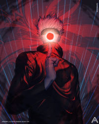 Rule 34 | 1boy, artist name, azizdraws, black blindfold, black jacket, blindfold, blurry, blurry background, commentary, dated, english commentary, glowing, gojou satoru, grey background, hand up, hidden face, high collar, highres, incoming attack, index finger raised, jacket, jujutsu kaisen, long sleeves, male focus, orb, short hair, solo, upper body, white hair