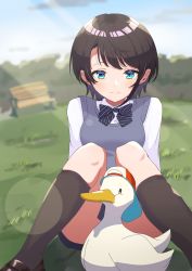 Rule 34 | 1girl, aqua eyes, backwards hat, bench, bird, black socks, blurry, blurry background, blush, bow, bowtie, brown footwear, brown hair, closed mouth, collared shirt, commentary request, convenient censoring, day, duck, foot out of frame, grass, grey bow, grey bowtie, grey skirt, grey vest, hat, highres, hololive, kneehighs, knees together feet apart, knees up, loafers, looking at viewer, medium hair, oozora subaru, outdoors, park bench, school uniform, shirt, shoes, sidelocks, skirt, smile, socks, solo, striped bow, striped bowtie, striped clothes, subaru duck, swept bangs, taachika, uniform, vest, virtual youtuber, white shirt