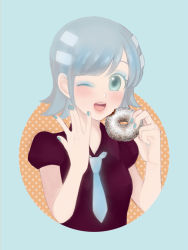 Rule 34 | 1girl, aqua background, aqua eyes, aqua nails, blue hair, blush, coconuts chocolate, doughnut, food, jojon, looking at viewer, mister donut, nail polish, necktie, one eye closed, open mouth, personification, short hair, simple background, solo, upper body