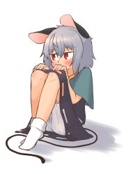 Rule 34 | 1girl, absurdres, animal ears, bloomers, blue capelet, blush, capelet, commentary request, full body, greenpiecerice, grey hair, grey skirt, grey vest, hair between eyes, highres, looking to the side, medium bangs, mouse ears, mouse girl, mouse tail, nazrin, no shoes, red eyes, shirt, short hair, simple background, sitting, skirt, skirt set, socks, solo, tail, touhou, underwear, vest, white background, white bloomers, white shirt, white socks