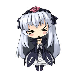 Rule 34 | &gt; &lt;, 00s, 1girl, blush stickers, chibi, dress, drinking, drinking straw, closed eyes, hairband, long hair, musashino udon, rozen maiden, silver hair, solo, suigintou, wings, yakult