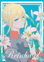 Rule 34 | 1boy, bishounen, black jacket, blonde hair, blue background, blue eyes, character name, chocky (964605886), collared jacket, crossed bangs, expressionless, flower, framed, gloves, hair between eyes, highres, holding, holding flower, jacket, leonhard von granzreich, lily (flower), lips, looking at viewer, male focus, oushitsu kyoushi heine, parted lips, pink flower, shirt, short hair with long locks, simple background, solo, symbol-shaped pupils, upper body, white gloves, white shirt