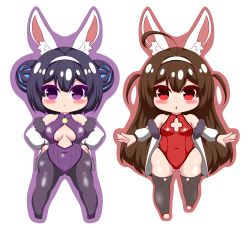 Rule 34 | 2girls, :&lt;, absurdres, ahoge, animal ear fluff, animal ears, azur lane, bare shoulders, black footwear, black hair, black legwear, blush, breasts, brown hair, brown outline, closed mouth, commentary request, covered collarbone, covered navel, double bun, fake animal ears, fur-trimmed jacket, fur trim, gluteal fold, hair bun, hairband, hands on own hips, highres, jacket, kurukurumagical, leotard, long hair, long sleeves, medium breasts, multiple girls, ning hai (azur lane), ning hai (moon palace rabbit) (azur lane), off shoulder, open clothes, open jacket, outline, outstretched arms, pantyhose, parted lips, ping hai (azur lane), ping hai (osmanthus moon rabbit) (azur lane), playboy bunny, puffy long sleeves, puffy sleeves, purple background, purple eyes, purple leotard, rabbit ears, red eyes, red leotard, shoes, side bun, simple background, single side bun, small breasts, thighhighs, two side up, very long hair, white background, white hairband, white jacket