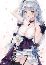 Rule 34 | 1girl, absurdres, black gloves, blunt bangs, blush, breasts, bug, buri (retty9349), butterfly, commentary request, dress, facial mark, flower, girls&#039; frontline, gloves, green eyes, hair ornament, hat, highres, hk416 (girls&#039; frontline), hk416 (starry cocoon) (girls&#039; frontline), huge filesize, insect, large breasts, long hair, looking at viewer, official alternate costume, silver hair, sleeveless, sleeveless dress, solo, strapless, strapless dress, white flower