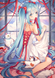 Rule 34 | 1girl, blue hair, cat, dress, from behind, hatsune miku, long hair, looking back, m1yu, mouth hold, red ribbon, ribbon, ribbon in mouth, seiza, sitting, twintails, very long hair, vocaloid, white dress