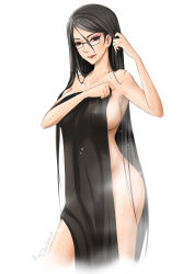 Rule 34 | 1girl, absurdly long hair, after bathing, bayonetta, bayonetta (series), black hair, breasts, brown eyes, cowboy shot, darika wora-apinyaporn, eyeshadow, glasses, hair down, highres, hip focus, lipstick, long hair, looking at viewer, makeup, mole, mole under mouth, nude, paintze, signature, simple background, smile, solo, steam, towel, very long hair, wet, white background