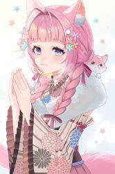Rule 34 | 1girl, :3, animal, animal ear fluff, animal ears, antenna hair, blue background, blue eyes, blue flower, braid, closed mouth, commentary request, detached sleeves, floral background, flower, frilled sleeves, frills, fur collar, gradient background, grey kimono, hair flower, hair intakes, hair ornament, hair over shoulder, hakui koyori, hakui koyori (new year), highres, hololive, japanese clothes, kimono, kokoro (hakui koyori), long hair, long sleeves, low twintails, lvetica, nail polish, obi, palms together, pink flower, pink hair, pink nails, purple flower, red flower, sash, solo, striped clothes, striped kimono, striped sleeves, tail, twin braids, twintails, vertical-striped clothes, vertical-striped kimono, virtual youtuber, white background, wide sleeves, wolf ears, wolf girl, wolf tail